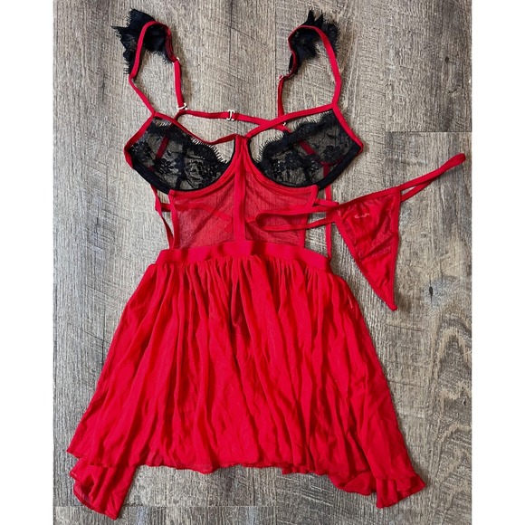Other - Red and black‎ strappy 2 pc lingerie teddy mesh lace babydoll sexy size S/M